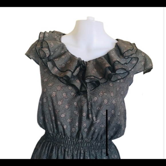 ZA ZEN Ruffle Trim Geo Print Dress With Ruched Waist Brown Xsmall-Small - Picture 5 of 10